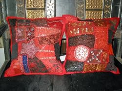 2 Aqua Maroon Sari Toss Pillow Cushion Covers From India