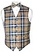 Men's Plaid Design Dress Vest & BOWTie Navy Brown White BOW Tie Set