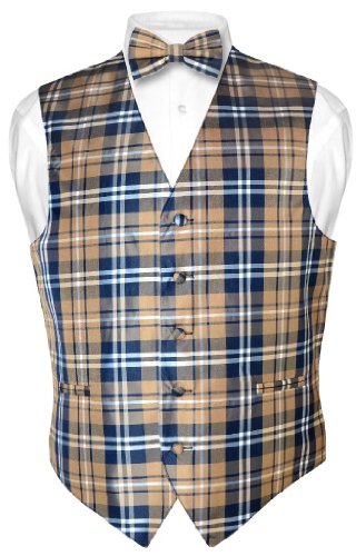 Men's Plaid Design Dress Vest & BOWTie Navy Brown White BOW Tie Set