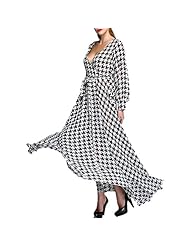 Sexy V-neck Plaid Print Illusion Long Sleeves Summer Polyester Maxi Dress 
