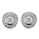 Bezel Set Cubic Zirconia CZ Sterling Silver Earrings Round Stud Earrings - Ideal Gift For Mother,...