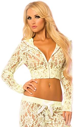 Pink Lipstick Loungewear Luxurious Lace Cropped Hoodie Green LG