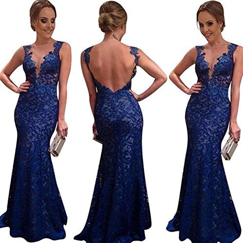 Womens Sexy Deep V-neck Lace Long Party Formal Dress (S, blue)