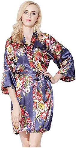 Floral silk bridesmaid robes gowns bride wedding party kimono robes Nursing Gown (Navy Blue)