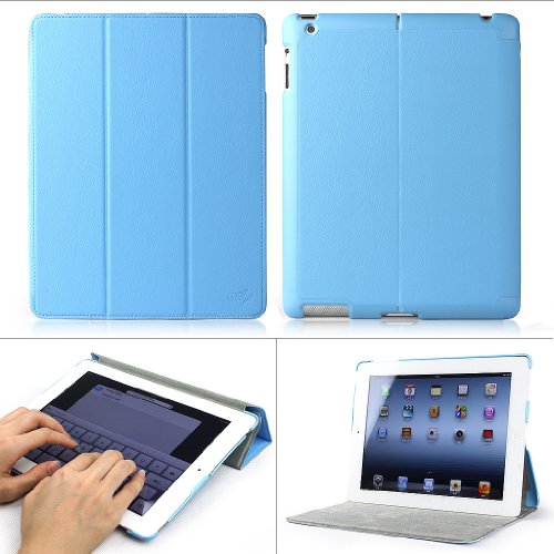 Accessorise Ultra Slim and Lightweight Leather Case Folio (Sky Blue) with Automatic Wake-up Closure and 3-in-1 built-in Stand for Apple iPad 4 / iPad 3 / The New iPad