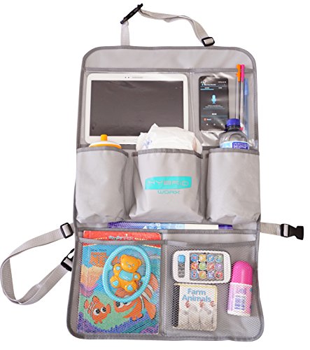 Car Back Seat Organizer & Seat Protector (Grey) - Quality, Durable, Deep pockets - Sturdy design to carry your travel essentials - Universal fit - Multipurpose - iPad/tablet/phone holder and kick mat