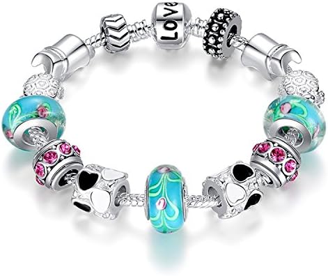 Fun Charm Jewelry Blue Love Silver Plated Glass Beads Letter Pink Crystal Snake Chain Bead Charm Bracelet 20CM