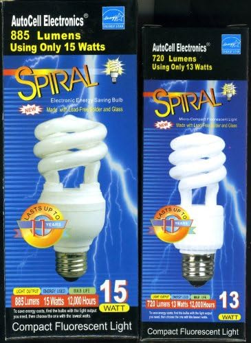 Spiral CFL Bulb 2 Pack - 15 Watt &amp; 13 Watt Compact Fluorescent Light - Lead Free Energy Saving