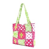 Quilted Ragged Patchwork Tote Bag Cross Accent - Pink/Lime
