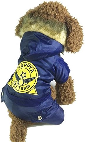 Dog winter warm Coat Jacket "Puppy Ski Team" design hoody clothes (M, Blue)