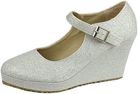 Womens Platform Shoes Glitter Accent Closed Toe Mary Jane Wedges Silver 6.5