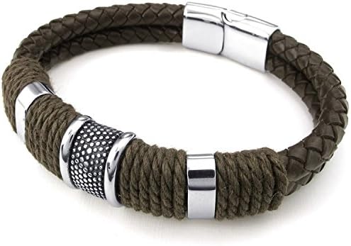 Mygoodie Jewelry Mens Leather Stainless Steel Bracelet, Braided Cuff Bangle, Brown Silver - 8, 8.5, 9 inch