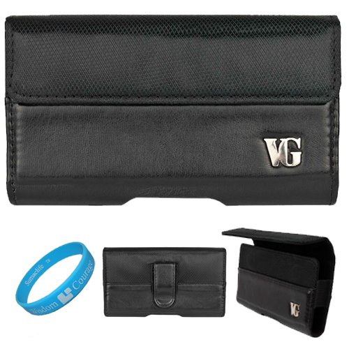 Black Portola Leather Carrying Holster with Fixed Belt-Clip and Magnetic Closing Flap for HTC Titan Windows Mobile Smartphone by AT&T + SumacLife TM Wisdom*Courage Wristband