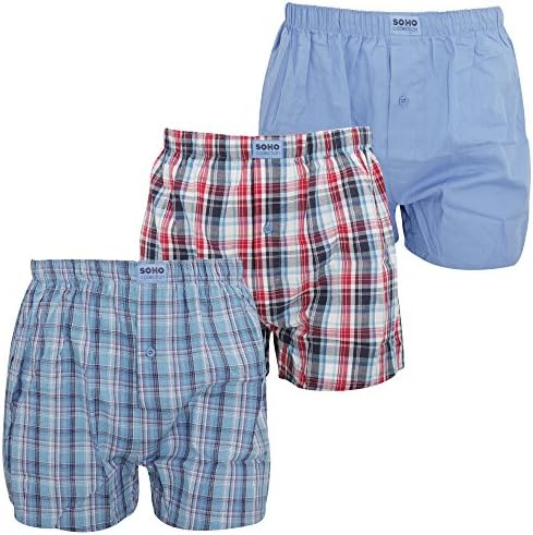 Soho Collection Mens Navy Red Check Cotton Woven Boxers (Pack Of 3) (X Large (39-41in)) (Blue/Red Check)