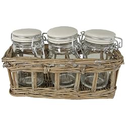 Set of 3 Glass Condiment Jars in Driftwood Basket