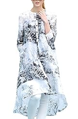 Round Neck General Print Linen/Silk Fitted High-Low-Hem Summer  Dress