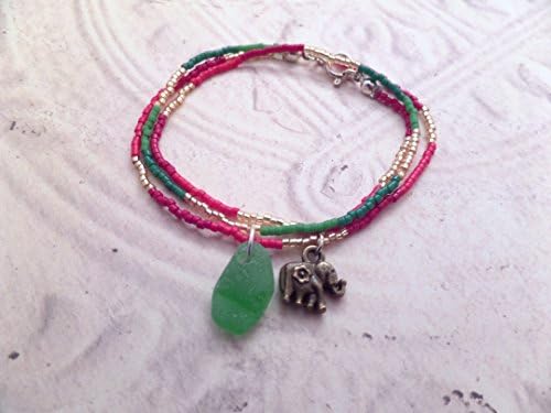 Elephant Bracelet with Green Scottish Sea Glass, Seed Bead Wrap Bracelet