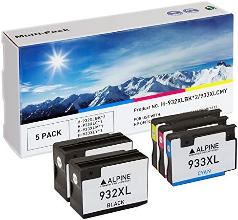 Compatible Bulk set of 5 HP 932XL/933XL cartridges Set includes 2 -CN053AN HY Black and 1 of each color CN054AN HY Cyan, CN055AN HY Magenta, CN056AN HY Yellow - Shows Accurate Ink Levels