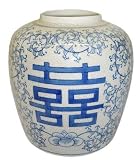 Double Happiness Ming Melon Vase - Blue and White Crackle Porcelain, Hand Painted