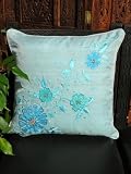 Indian dupion silk cushion cover in blue with flower spray design and wooden bea