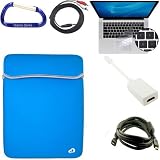 Bundle Set: Apple MacBook Pro / MacBook Air 13.3 Inch Black / Blue Laptop Carrying Case Reversible Sleeve, Keyboard Silicone Skin Cover, Mini DisplayPort Male to HDMI Female Adapter, HDMI Male to Male 6 Feet Extension Cable, 3.5mm to RCA Auxilliary Stereo Cable, and a Free Carabiner Key Chain
