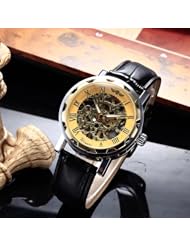 Youyoupifa Mechanical Skeleton Watch Hand Wind Up Gold Dial Black Leather Strap Watch (black)
