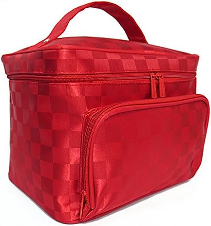 Fashion Women Storage Box Square Plaid Pattern Cosmetic Bag Travel Toiletry Makeup Bag Organizer - Red