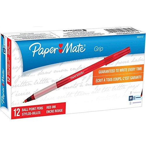 Paper Mate Write Bros Grip Ballpoint Pens, Medium Point, Red, Box of 12