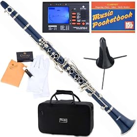 Mendini MCT-BL B Flat Blue ABS Clarinet w/ Case, Tuner, Stand, Mouthpiece, Box of 10 Reeds, Cork Grease, & a Pair of Gloves
