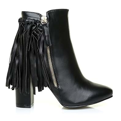 Synth&eacute;tique Talon Bloc Frange Bottine: Chaussures et Sacs