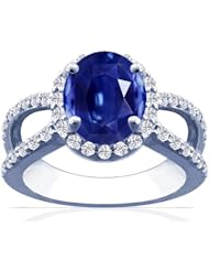 18K White Gold Oval Cut Blue Sapphire Ring With Sidestones