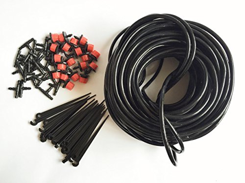 D0001 Drip Irrigation Value Pack 1/4" x 100  drip distribution tube with 20 Drip Emitters 20 T Fitting 20 Support Stakes Perfect for flower beds, vegetable gardens, herbs gardens