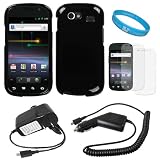 Candy Black Rubberized Protective Crystal Hard Case Cover for T-Mobile Samsung Nexus S Android Smartphone (Samsung GT-i9020) + 2 Piece Clear Screen Protector + Black Rapid Travel Wall Charger with IC Chip + Black Rapid Car Charger with IC Chip + SumacLife TM Wisdom Courage Wristband