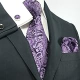 Landisun 543 Dark Purple Paisleys Mens Silk Tie Set: Tie+Hanky+Cufflinks