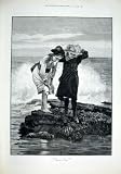 GIRLS CAUGHT BY THE TIDE 1889 ANTIQUE PRINT by ROSSI