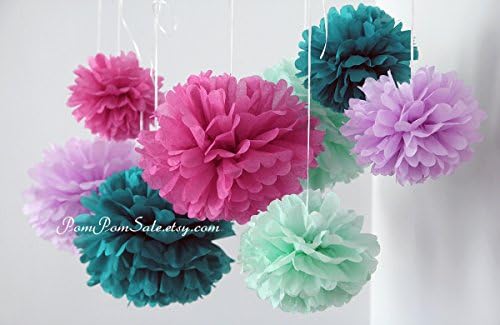 Frozen - Anna & Elsa Party - PomPomSale Brand - 8 tissue paper pom poms - for Birthday Party / Baby Shower / Room Decoration (Teal - Magenta - Mint - Lilac)