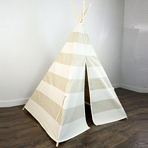 Kids Teepee Tent in Gray & Beige Stripe - Includes Large Stripe Tan Khaki Canvas Teepee and Wooden Poles. Great Gift Idea for Boys or Girls Birthday, Sleepover Party and Playroom Decor. Perfect Luxury Indoor Play House for Kids. Made in USA. Your Child Will Absolutely LOVE this Teepee - Guaranteed!