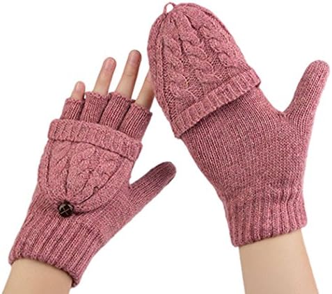 HuaHui Christams Winter Warm Cute Wool Fingerless Gloves with Mitten Cover - pink