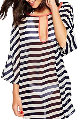 KOROR Women Cover Up Swimwear Beachwear Bikini Beach Wear Kaftan Striped Summer Shirt (black-2)