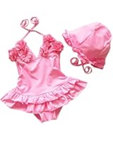 Baby Girls Flower Flounced One Piece Swimsuit With Hat