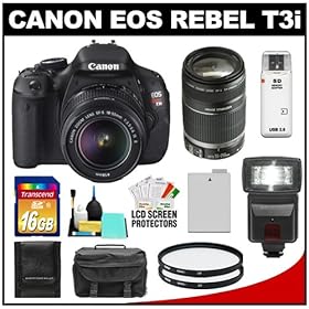 Canon EOS Rebel T3i 18.0 MP Digital SLR Camera Body & EF-S 18-55mm IS II Lens with 55-250mm IS Lens + 16GB Card + Battery + Case + (2) Filters + Flash + Cleaning Kit