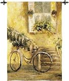 Review ArtExpression  / Courtyard Bicycle - Artist: Dominguez - Fabric Size: 38.00 by 53.00 inches Wall Tapestry with hanging rods and tassels included