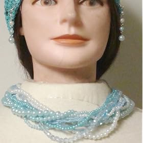 Multi Strand Small Turquoise Pearl and Clear Beads with Crystals Necklace and Earrings for Women...