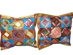 Christmas Gift-2 Blue Maroon Vintage Sari Zari Borders Toss Pillow Cushion Covers 16"