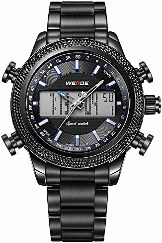 Jesusforyou ® WEIDE LED Date Multifunction Men Quartz Wrist Watch Water Resistance 30M + Free Gift As a Cross Necklace (Black Watchcase Blue Hand)