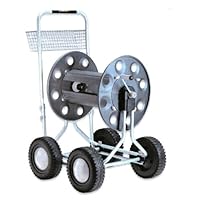 Claber Jumbo 4 Wheel Aluminum Garden Hose Cart With 425-Feet Capacity, 10-Inch Semi-Pneumatic Wheels, And Accessory Basket 8900