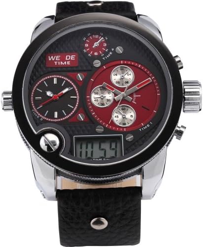 Weide Oversize 3 Time Zones Black Red Dial Badass Leather Sport Mens Sba Quartz Watch WE128