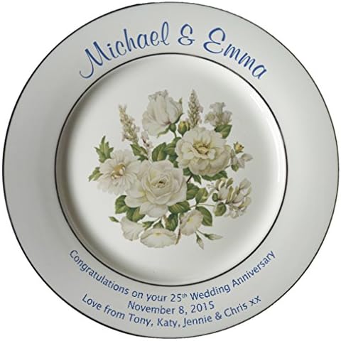 Personalized Bone China Commemorative Plate For A 25th Wedding Anniversary - White Rose Design With 2 Silver Bands