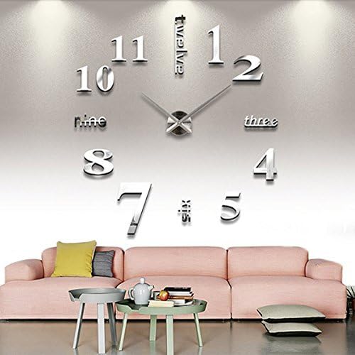 Modern Mute DIY Large Wall Clock 3D Sticker Home Office Decor Gift (silver)