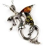 Certified Genuine Multicolor Amber and Sterling Silver Dragon Pendant, 18